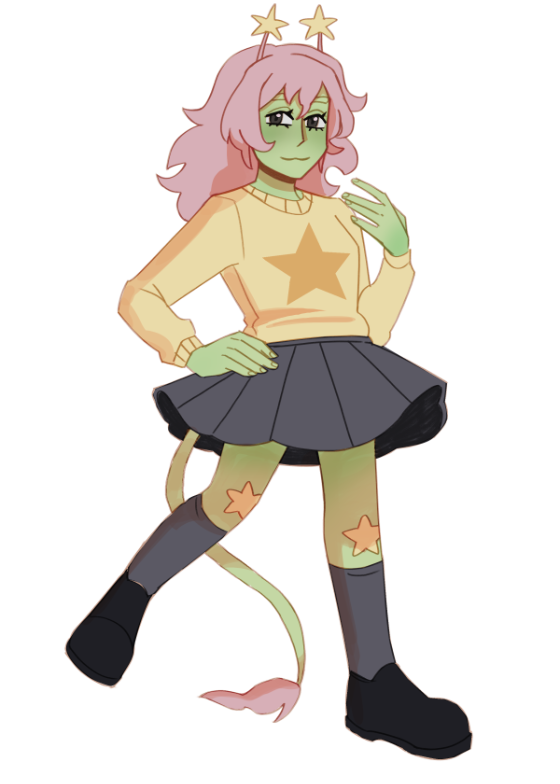An alien OC wih green skin, star antenna and a tail.