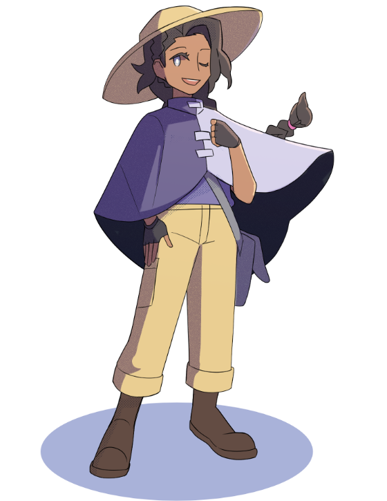 a character with braided hair. They're wearing a hat and a cloak.