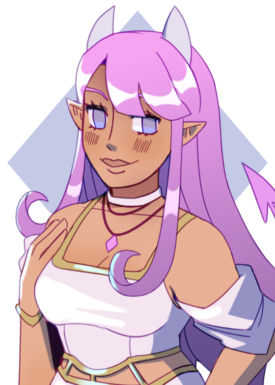 A purple-haired cleric character dressed in white clothing. they have white horns and a devil tail.