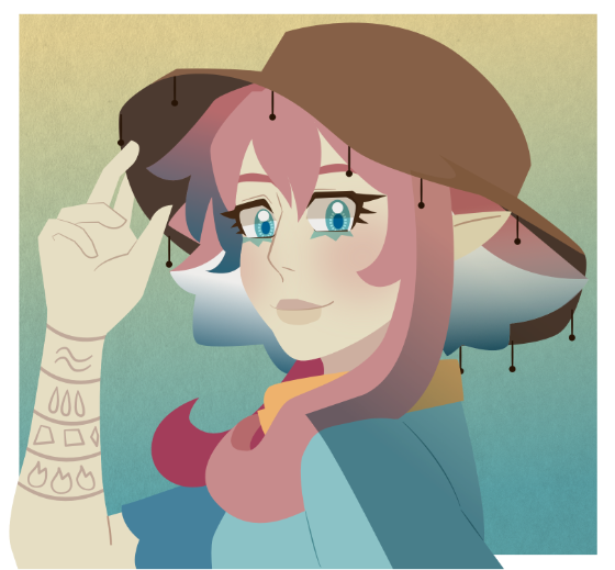 Digital head-shot of a character with pink hair in a fishing hat. They have tattoos on their arm.