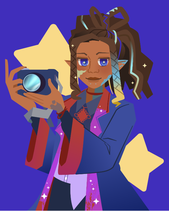 Half-body art of a character with braided hair holding a camera. They are dressed in a hanfu.