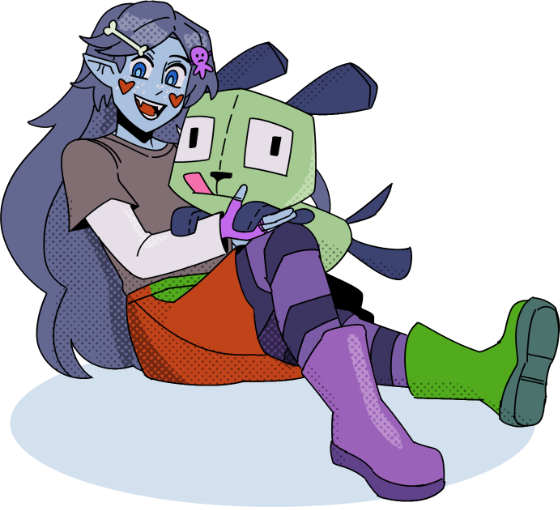 A character with long dark hair and blue skin holding a plushie of GIR from Invader Zim. This is the isolated version with no background color.