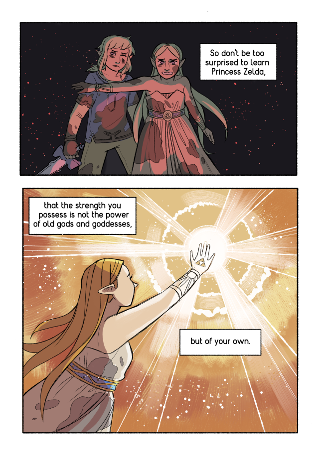 Page 3 of the fan comic. There are 2 panels in this page. In panel 1 Zelda is protecting Link from a Guardian's blast. Text box: 'So don't be surprised to learn Princess Zelda,' Panel 2 has Zelda using her Goddess powers to deflect the beam. There's a focus on the Triforce of Wisdom. Text box: 'that the strength you possess is not the power of old gods and goddess, but of your own.'