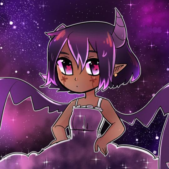 Digital art of a demon character with bat wings. She is surrounded by a nebula.