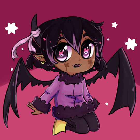 Digital full-body chibi art of a demon character. One horn is broken. She has black bat-like wings.