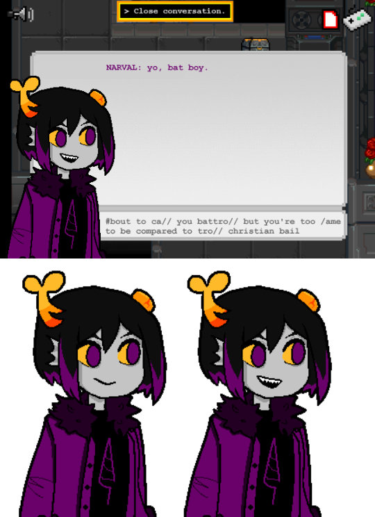 A fake MSPA Openbound style screenshot. A fantroll is speaking. 
            In their text box: Narval: yo, bat boy. The dialogue tags are these: #bout to call you BatTroll but you're too lame to be comared to troll Christian Bail.
            A second image below this fake screenshot is the fantroll's sprite sheets.