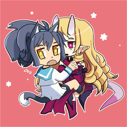 Rutile and Stella from Disgaea 3 are drawing in a chibi style. They're holding hands.