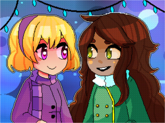 Pixel art of Jade and Rose from Homestuck. They're wearing winter attire. Behind them are christmas lights.
