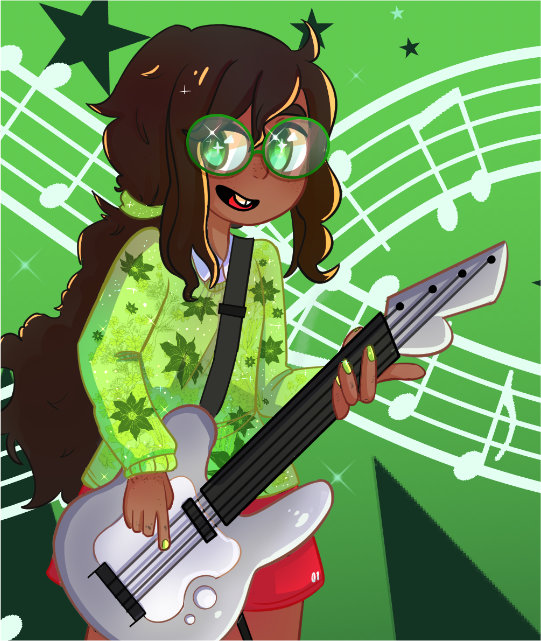 Digital art of Jade Harley playing a bass guitar.