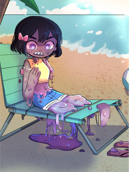 Digital art of a slime girl character melting on a beach chair.