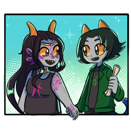 Digital art of Nepeta and Feferi from Homestuck holding hands.