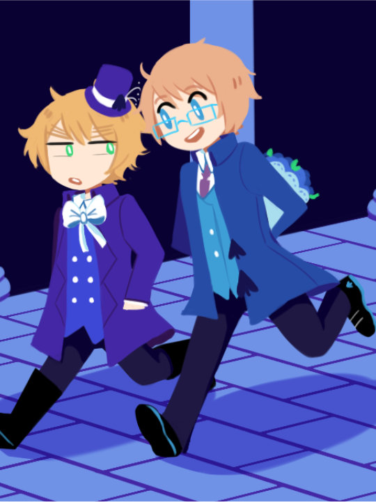 Digital art of APH America and England in their Cardverse AU attire. They're walking down a blue hallway, conversing.