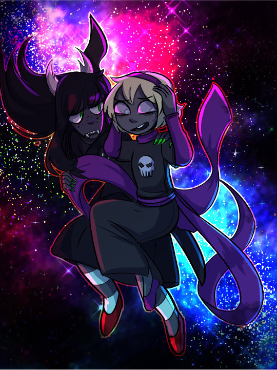 Art of GrimBark Jade and GrimDark Rose. They're floating in space, in front of a bright nebula.