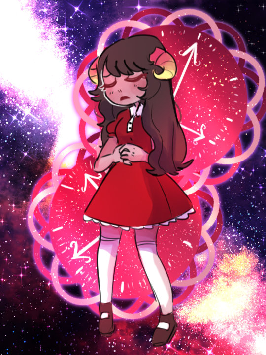 Digital art of Aradia in front of a nebula-like clock.