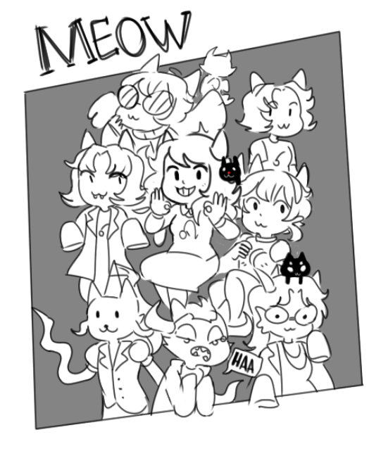 Sketch art of all the cat characters from Homestuck. From Top Left, Back Row: Davepetasprite, God Cat, Nepetasprite. Middle Row, from Left: Nepeta, Meulin, JaspRoseSprite. Bottom Row, from Left: JasperSprite, GcaTavrosSprite, FefetaSprite, Vodka Mutini.
