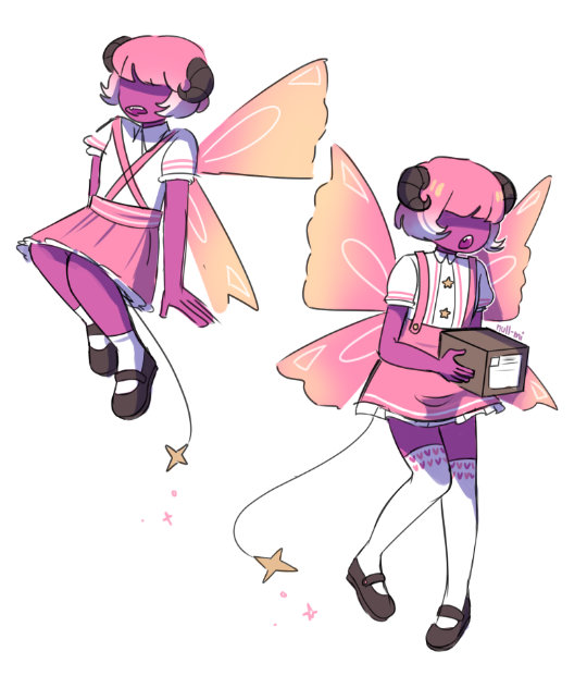 Full-body art of Asella. She is a pink-haired fairy with transparent pink/yellow wings. She's carrying a package.