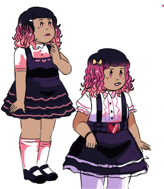 Full-body art of Lyka. Her hair is short and wavvy. Her hair is partially dyed pink, with black roots.