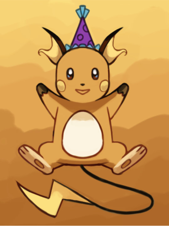 Full body art of Raichu. Raichu is wearing a purple party hat.