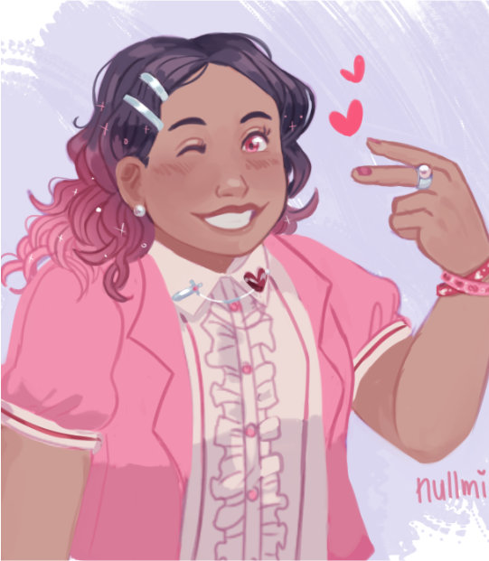 A mid-shot drawing of Lyka. She's holding two fingers up.