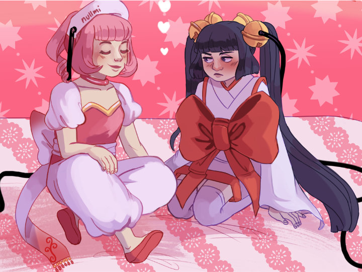 Sumomo and Kotoko from Chobits are sitting on top of a pillow. Sumomo looks content while Kotoko looks mildly miffed.