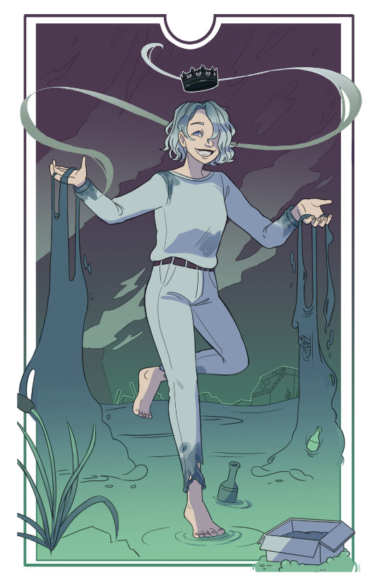 Full-body digital art of Pollution from Good Omens. As usual, they are surrounded by trash.