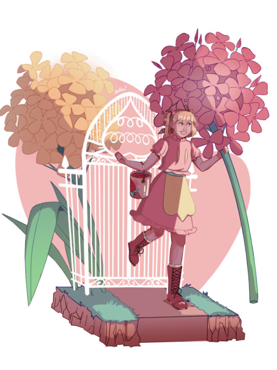 A character is holding a large stem. Flowers are clustered together at the top of the stem. The character is dressed in pink attire. They are holding a pail of strawberries in their other arm.