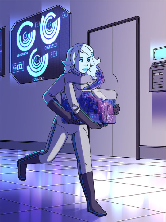 A full scene of an alien character walking down a space hallway. She is carrying a container that has another character point her hand at them.