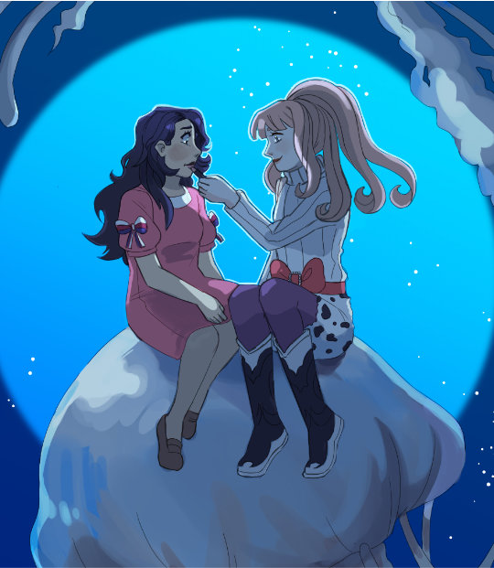 Princess jelly fish fanart of Tsukimi and Kuranosuke. Kuranosuke is applying making onto Tsukimi while they are ontop of a Jellyfish.