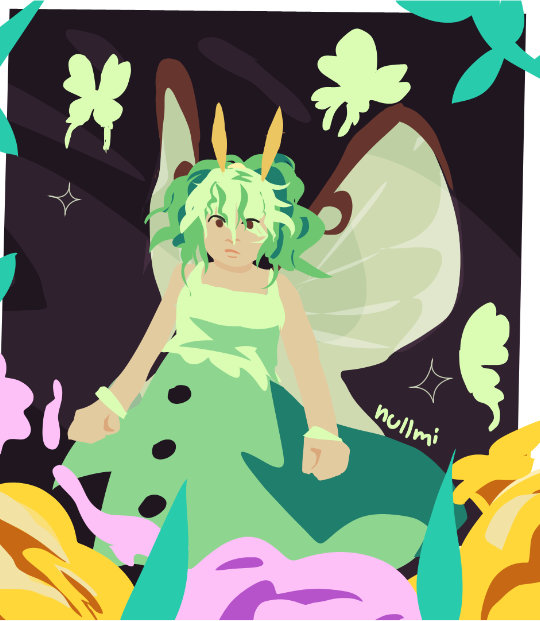 Digital art of a green-haired lunar moth inspired fairy character.