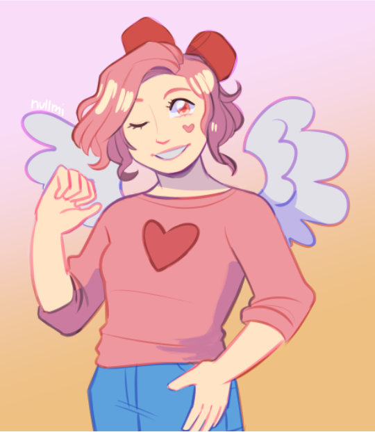 Mid-shot art of a pink-haired character. She has white feathered wings and is smiling.