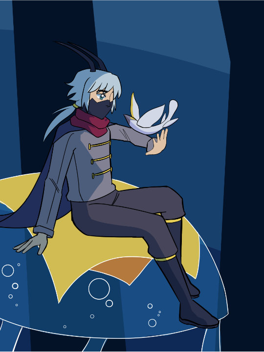 Full body art of a character sitting on a fantasy-looking jellyfish.