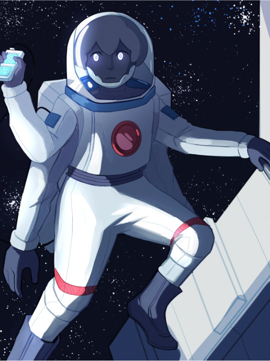 Full-body art of an alien character in a space suit. They are repairing a ship.