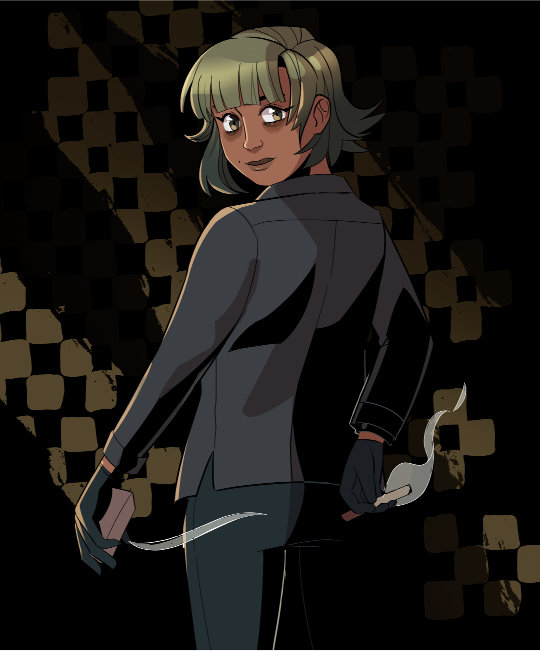 Midshot art of a character holding a cigarette in their hands while looking back over their shoulder.