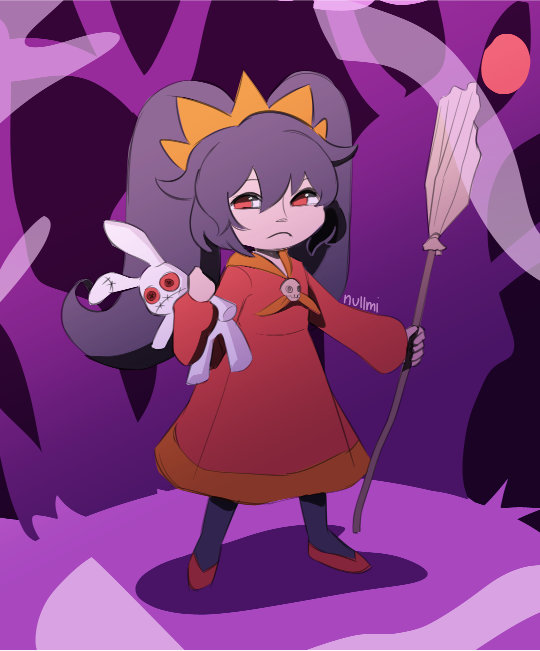Fanart of Ashley holding her broom and plushie. She's standing in a mysterious looking forest.