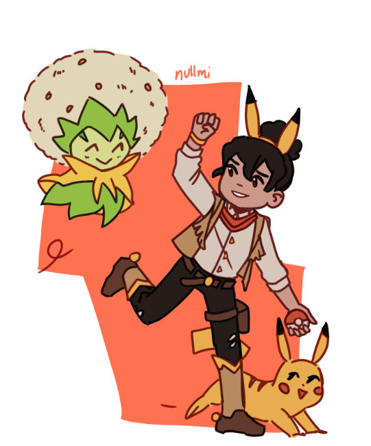 Full-body art of my Pokemon Unite Trainer with Eldegoss and Pikachu walking beside them.