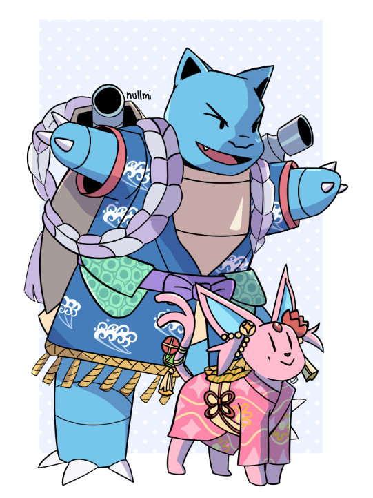 Full-body art of Blastoise's and Espeon's Pokebuki Hollowear from Pokemon Unite.