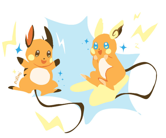 Full-body art of Raichu and Alolan Raichu. Sparks are flying out of their checks.