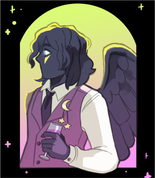 Mid-shot art of a silhouetted character holding a glass of wine by a window.