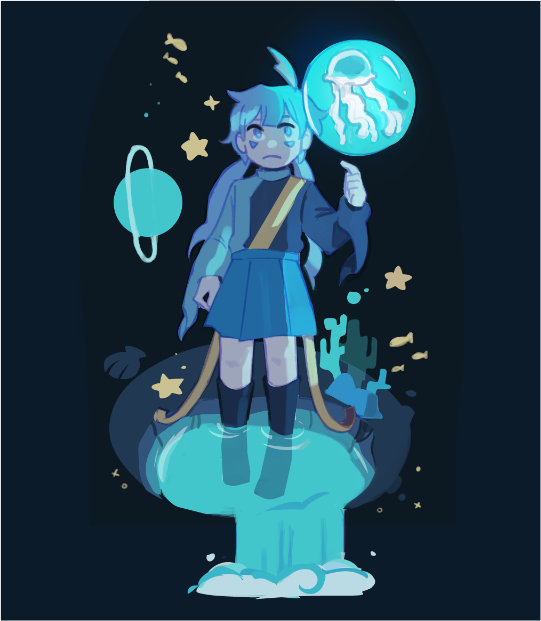 Full body art of a character standing in a starry abyss. They are surrounded by stars and planets.