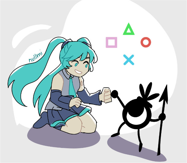 Fanart of Miku and Hatepon from Patapon doing a fist bump.