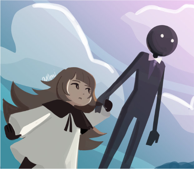 Fanart of Deemo and Alice holding hands. Behind them is a cloudy sky.