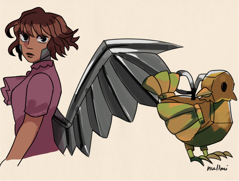 Drawing of a character with metallic wings. On the right is a metallic bird.