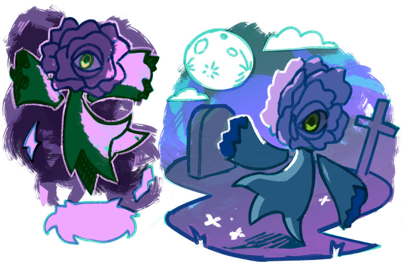 Digital art of a flower-like 'fakemon.' There are two drawings of the fakemon. One drawing has them in intense purple lighting. The other drawing has the fakemon dancing in a graveyard.