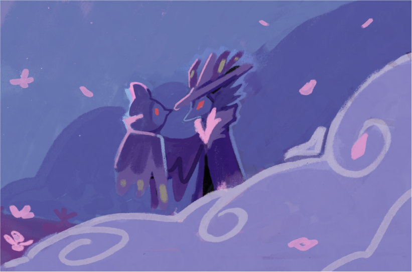 Digital art of a fakemon surrounded by a fog. They are holding Aromatisse in one arm.