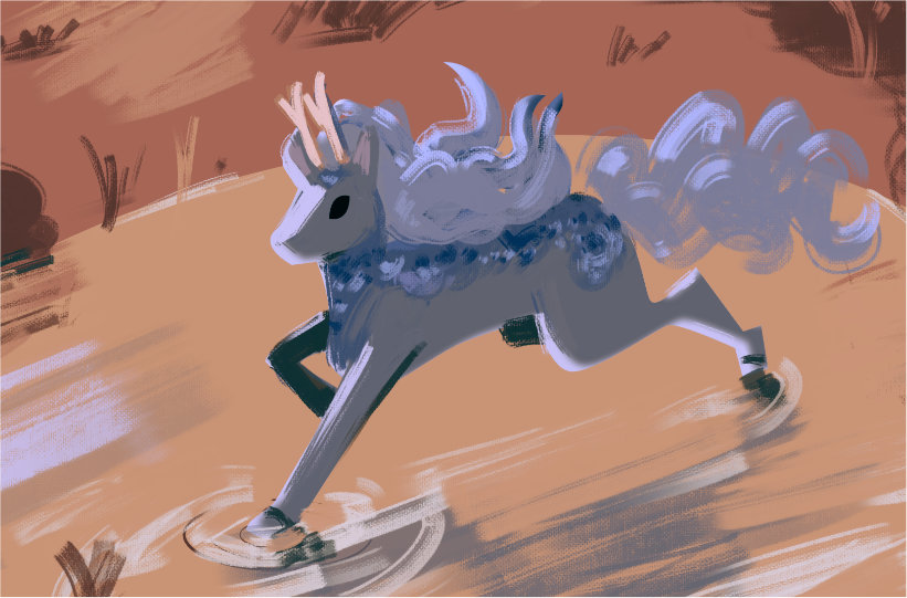 Digital art of a dragon character running through a pond.
