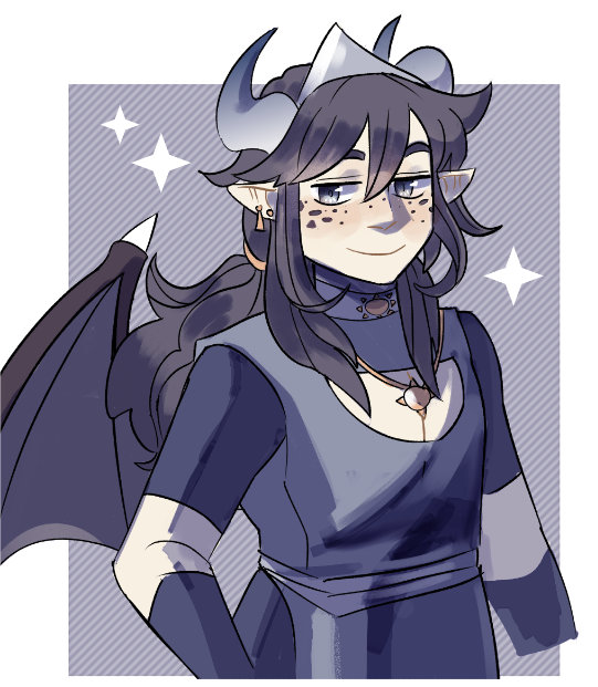 Mid-shot art of a character with gray horns, dark hair and bat-like wings.