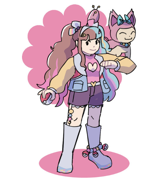 Full-body art of a trainersona with a Skitty perched on their shoulder.