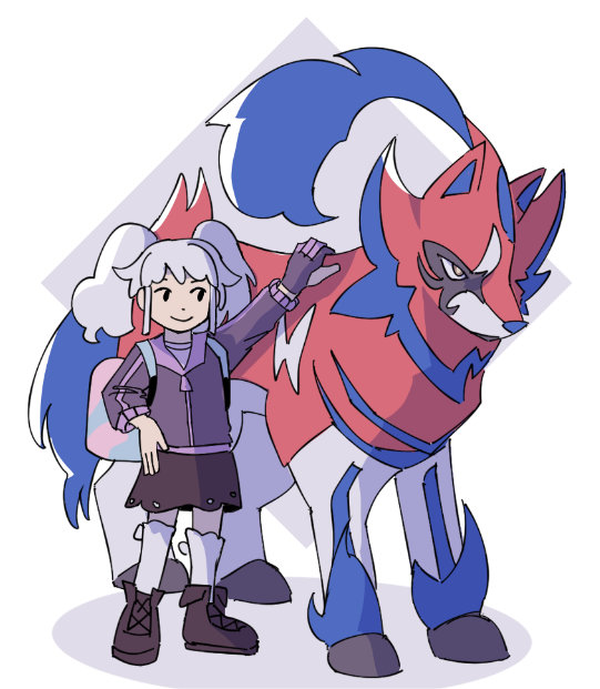 Full-body art of a trainersona with Zamazenta.