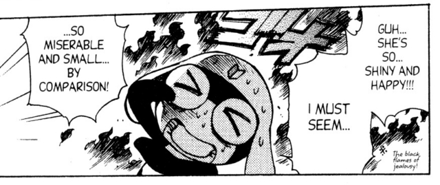 Comic panel from Keroro Gunsou. Text: Guh... She's so... shiny and happy!!! I must seem... So miserable and small by comparison!