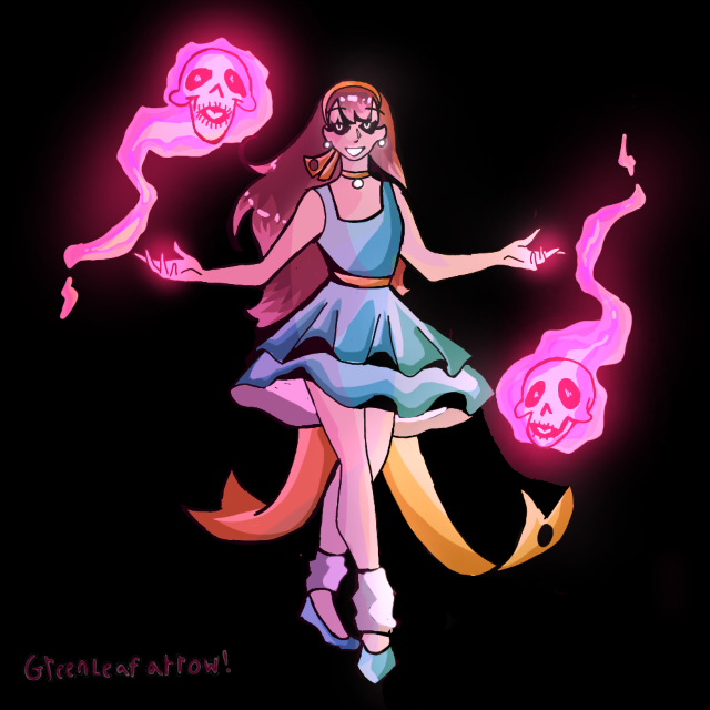 A pink haired character stands in darkness while two glowing skulls hover around her.